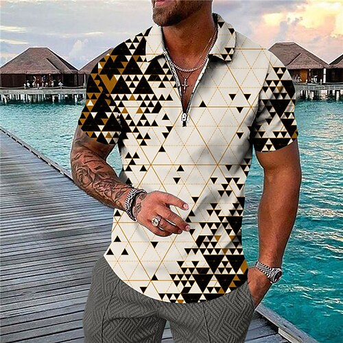 

Men's Collar Polo Shirt Golf Shirt Geometry Turndown Green Blue Pink Beige 3D Print Casual Daily Short Sleeve Zipper Print Clothing Apparel Fashion Designer Casual Breathable / Sports