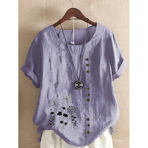 

Women's Dandelion Daily Holiday Weekend Shirt Short Sleeve Button Print Round Neck Tops Loose Green White Blue S