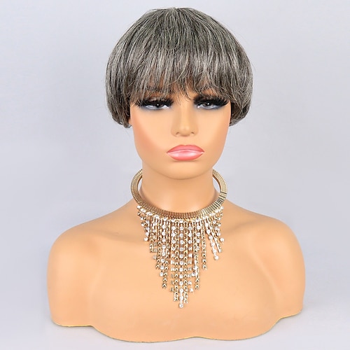 

Remy Human Hair Wig Short Natural Straight Pixie Cut With Bangs Blonde Black Dark Gray Classic Women Best Quality Machine Made Brazilian Hair Women's Unisex Natural Black #1B Bleach Blonde#613 Grey 6