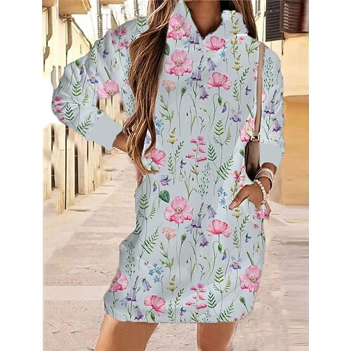 

Women's Hoodie Dress Short Mini Dress Black Gray Rainbow Long Sleeve Floral Butterfly Animal Pocket Print Fall Spring Hooded Casual Fashion 2022 XS S M L XL XXL 3XL 4XL