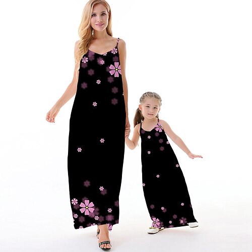 

Mommy and Me Dresses Floral Daily Backless Purple Sleeveless Maxi Strap Dress 3D Print Active Matching Outfits / Vacation / Spring / Summer / Casual