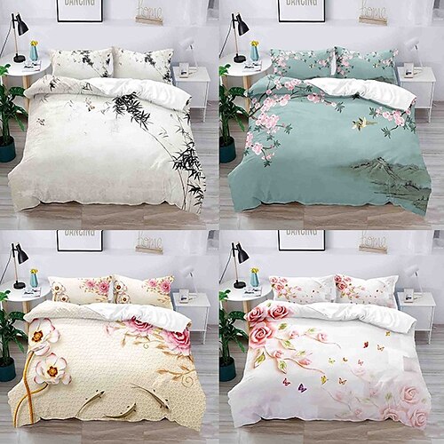 

Floral Printed 3-Piece Duvet Cover Set Hotel Bedding Sets Comforter Cover with Soft Lightweight Microfiber, Include 1 Duvet Cover, 2 Pillowcases for Double/Queen/King(1 Pillowcase for Twin/Single)