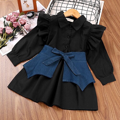 

Kids Little Girls' Dress Solid Colored A Line Dress Daily Patchwork Black Knee-length Long Sleeve Casual Cute Dresses Spring Summer Slim 2-6 Years