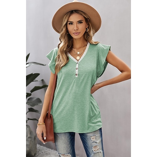 

Women's Plain Daily Weekend Blouse Shirt Short Sleeve Ruffle Button V Neck Casual Streetwear Tops Green Black Blue S
