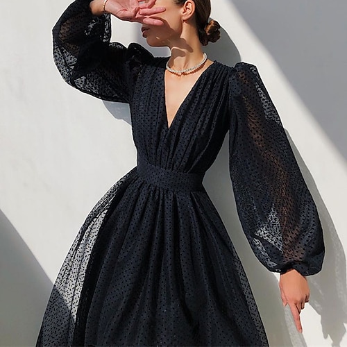 

Women's Party Dress Swing Dress Midi Dress Black Long Sleeve Polka Dot Mesh Winter Fall Autumn V Neck Mature Party Winter Dress Fall Dress 2022 S M L XL