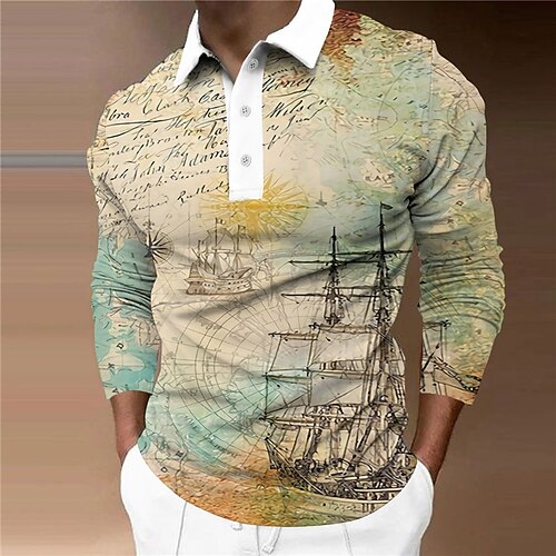 

Men's Collar Polo Shirt Golf Shirt Letter Rudder Turndown Beige 3D Print Casual Daily Long Sleeve Button-Down Print Clothing Apparel Fashion Designer Casual Breathable / Sports