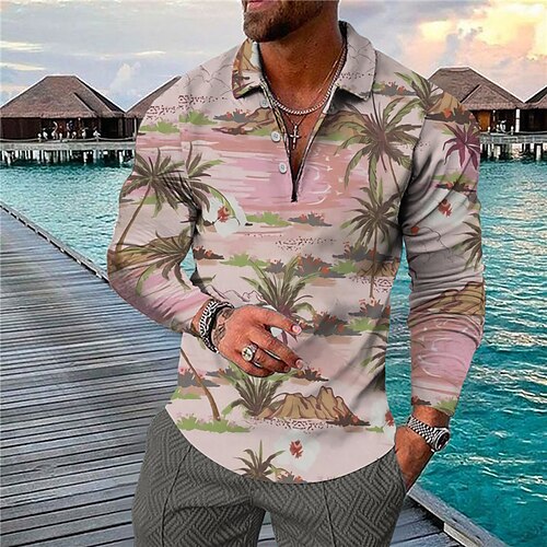 

Men's Collar Polo Shirt Golf Shirt Coconut Tree Turndown Pink 3D Print Casual Daily Long Sleeve Button-Down Print Clothing Apparel Fashion Designer Casual Breathable / Sports
