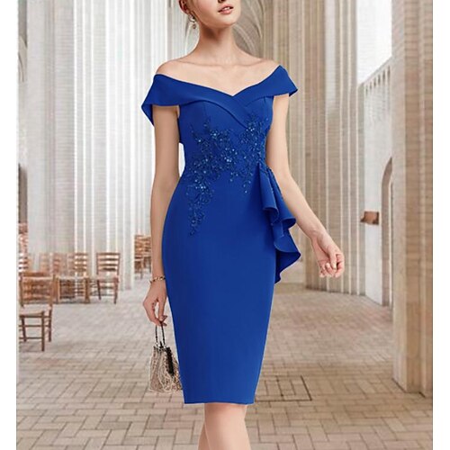 

Sheath / Column Mother of the Bride Dress Elegant Off Shoulder Knee Length Lace Stretch Fabric Sleeveless with Sequin Appliques 2022