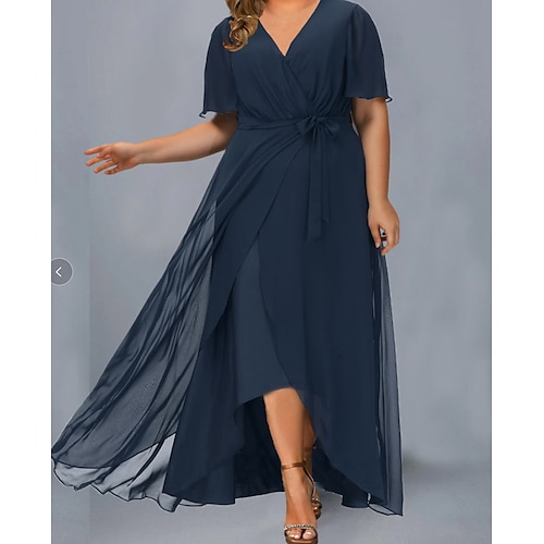 

Women's Plus Size Holiday Dress Solid Color V Neck Ruched Short Sleeve Fall Spring Basic Sexy Maxi long Dress Holiday Date Dress / Cotton / Slim