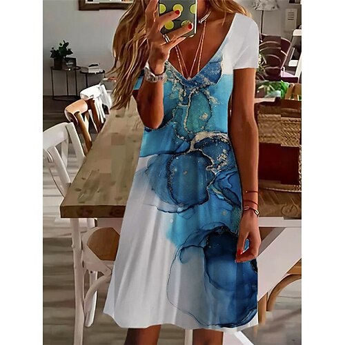 

Women's Shift Dress Short Mini Dress Blue Short Sleeve Floral Print Spring Summer V Neck Elegant Casual Vacation 2022 S M L XL XXL 3XL