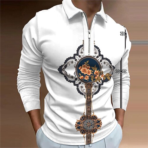 

Men's Collar Polo Shirt Golf Shirt Floral Turndown White 3D Print Outdoor Street Long Sleeve Zipper Print Clothing Apparel Fashion Designer Casual Breathable / Summer / Spring / Summer