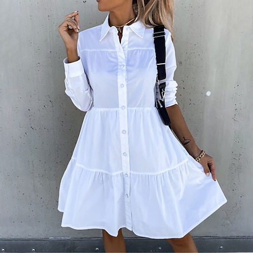 

Women's A Line Dress Short Mini Dress White Black Army Green Khaki Long Sleeve Solid Color Ruffle Button Fall Summer Shirt Collar Elegant Casual 2022 S M L XL XXL 3XL