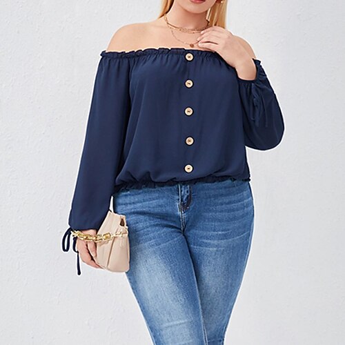 

Women's Plus Size Tops Blouse Shirt Plain Ruched Ruffle Long Sleeve Off Shoulder Streetwear Daily Back to School Chiffon Fall Winter Dark Blue