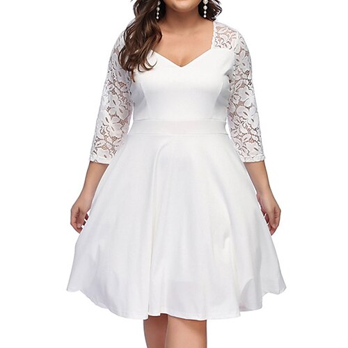 

Women's Plus Size Holiday Dress Solid Color V Neck Lace Long Sleeve Fall Winter Work Knee Length Dress Daily Holiday Dress