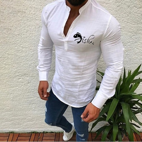 

Men's T shirt Shirt Solid Color Letter Round Neck Casual Daily Button-Down Print Long Sleeve Tops Casual Fashion Beach White Black Gray