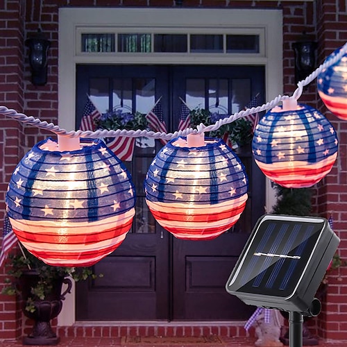 

American Flag Solar Lantern Lights 1.5m10led/3m20led Nylon Mini Hanging String Lights of The United States Outdoor Waterproof Connectable Hanging Ornaments for Independence Day Yard Garden July 4th