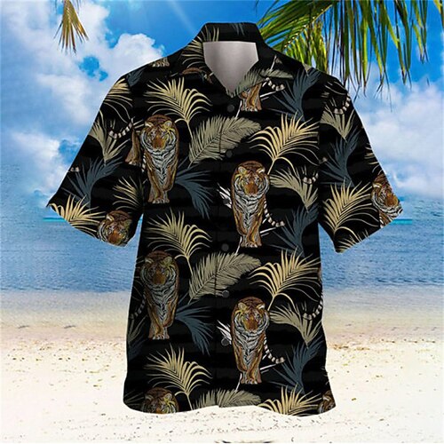 

Men's Shirt Tiger Turndown Street Casual 3D Button-Down Short Sleeve Tops Casual Fashion Comfortable Beach Black