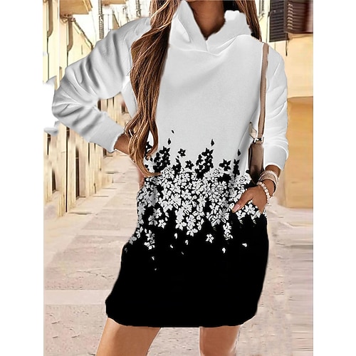 

Women's Hoodie Dress Short Mini Dress White Black Long Sleeve Floral Geometric Pocket Print Fall Spring Hooded Casual Fashion 2022 XS S M L XL XXL 3XL 4XL