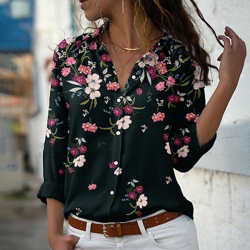 

Women's Blouse Shirt Black Floral Button Print Long Sleeve Daily Weekend Streetwear Casual Shirt Collar Regular Floral S