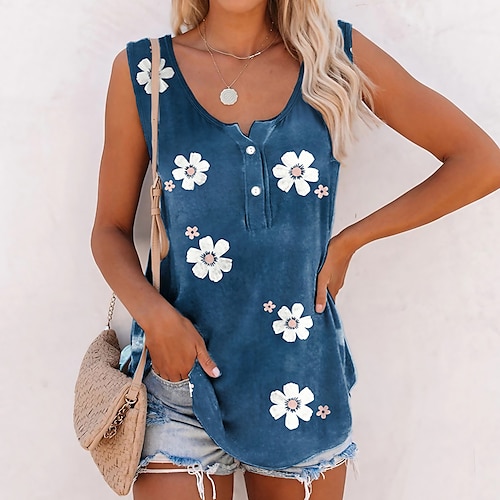 

Women's Tank Top Camis Pink Blue Green Floral Button Print Sleeveless Daily Holiday Streetwear Casual V Neck Regular Floral Plus Size L