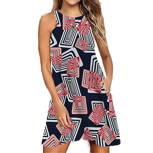 

Women's Shift Dress Short Mini Dress White Black Red Sleeveless Geometric Pocket Print Summer Halter Neck Casual Vacation 2022 S M L XL XXL 3XL