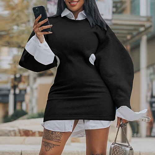 

Women's A Line Dress Short Mini Dress Black Gray Khaki Long Sleeve Color Block Cut Out Patchwork Spring Summer Shirt Collar Stylish Casual 2022 S M L XL XXL