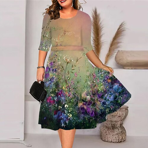

Women's Plus Size Holiday Dress Floral Crew Neck Print Half Sleeve Fall Spring Work Knee Length Dress Holiday Date Dress