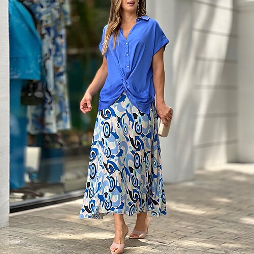 

Women's Swing Dress Maxi long Dress Blue Short Sleeve Floral Button Print Spring Summer Shirt Collar Stylish Casual 2022 S M L XL
