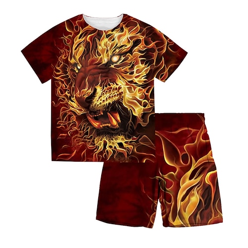 

2 Pieces Kids Boys T-shirt & Shorts Clothing Set Outfit Animal Tiger Short Sleeve Crewneck Set Outdoor Sports Fashion Cool Spring Summer 3-13 Years Orange