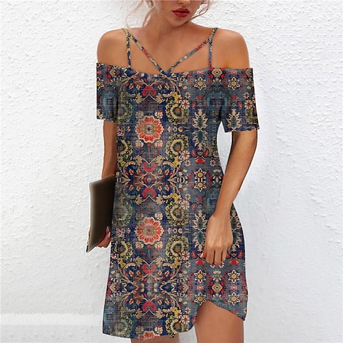 

Women's Casual Dress Shift Dress Mini Dress Blue Pink Brown Short Sleeve Floral Cold Shoulder Spring Summer Spaghetti Strap Loose Fit 2022 S M L XL XXL
