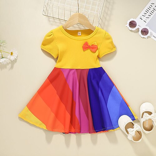 

Toddler Little Girls' Dress colour Skater Dress Party Daily Bow Yellow Knee-length Short Sleeve Princess Cute Dresses Spring Summer Slim 2-6 Years