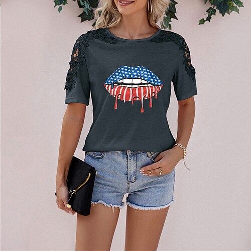 

Women's 3D Lip American Flag Casual Weekend Independence Day 3D Printed Painting T shirt Tee Short Sleeve Cut Out Print Round Neck Basic Essential Tops Green White Black S