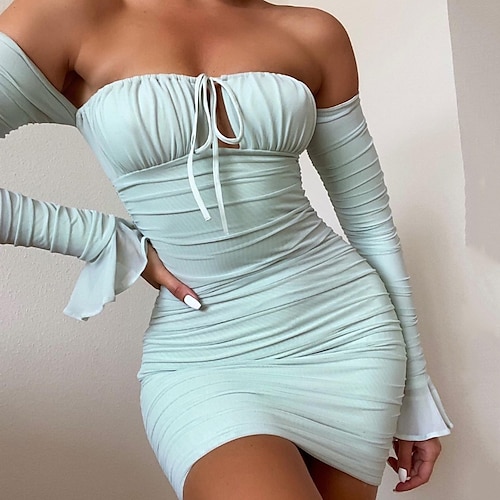 

Women's Sheath Dress Short Mini Dress Green Pink Long Sleeve Pure Color Backless Ruched Mesh Spring Summer Off Shoulder Stylish Modern Flare Cuff Sleeve 2022 XS S M L