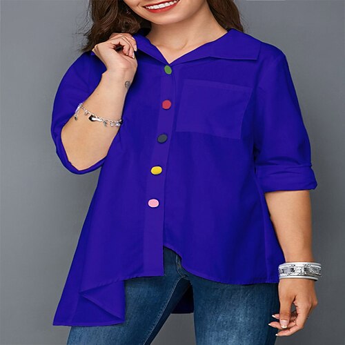 

Women's Plus Size Tops Blouse Shirt Plain Ruffle Pocket Long Sleeve Shirt Collar Streetwear Daily Weekend Polyester Spring Summer Blue Wine