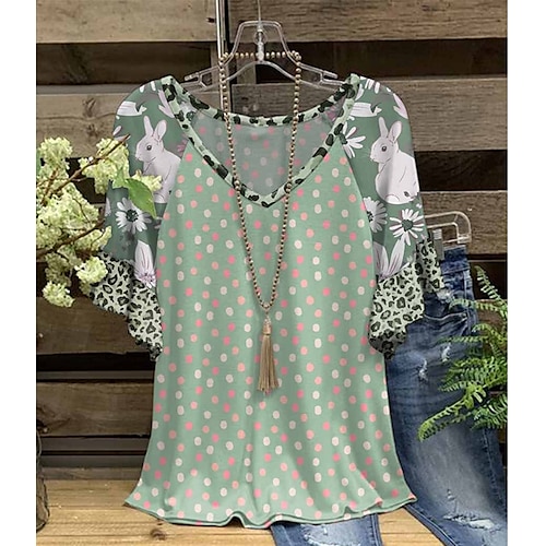 

Women's T shirt Tee Green Pink Orange Leopard Polka Dot Ruffle Print Short Sleeve Casual Weekend Basic V Neck Regular Abstract Painting S / 3D Print