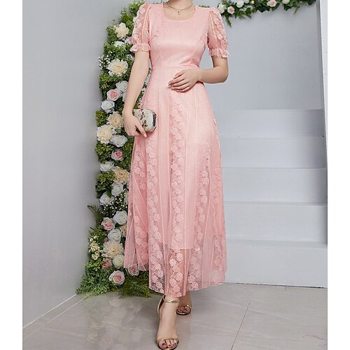

Women's Party Dress Casual Dress Maxi long Dress Pink Short Sleeve Pure Color Chiffon Spring Summer Crew Neck Personalized Stylish Elegant & Luxurious Puff Sleeve Boom Sale Dress S M L XL
