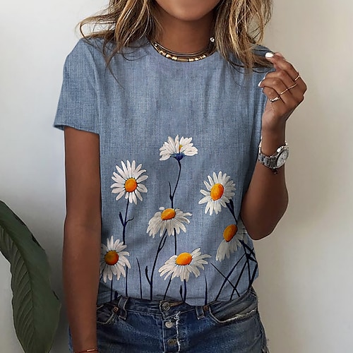 

Women's T shirt Tee Green Blue Khaki Floral Daisy Print Short Sleeve Casual Holiday Basic Round Neck Regular Floral Painting S