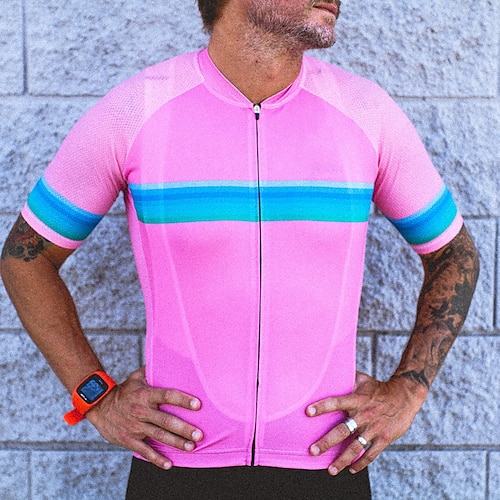 

21Grams Men's Cycling Jersey Short Sleeve Bike Top with 3 Rear Pockets Mountain Bike MTB Road Bike Cycling Breathable Quick Dry Moisture Wicking Reflective Strips Rosy Pink Stripes Polyester Spandex