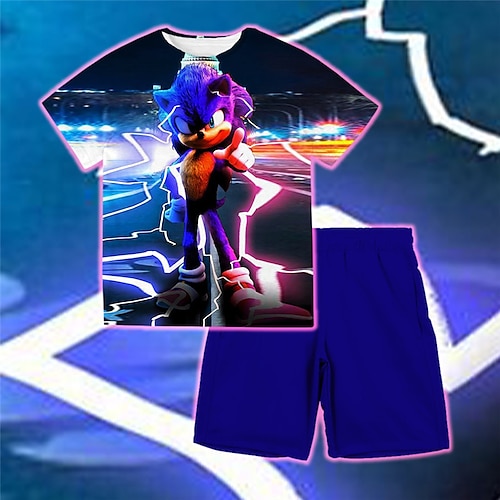 

2 Pieces Kids Boys Sonic T-shirt & Shorts Clothing Set Outfit Cartoon Short Sleeve Crewneck Set Outdoor Sports Fashion Cool Spring Summer 3-13 Years Blue