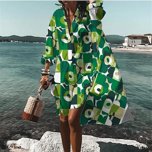 

Women's Shirt Dress Knee Length Dress Green Black Navy Blue Long Sleeve Floral Print Button Print Fall Winter Shirt Collar Stylish Vacation Loose 2022 S M L XL XXL