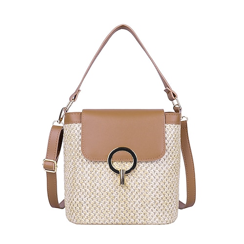 

Women's Straw Bag Beach Bag Sling Bags Crossbody Bag Straw Buttons Geometric Metallic White Black Light Green Brown