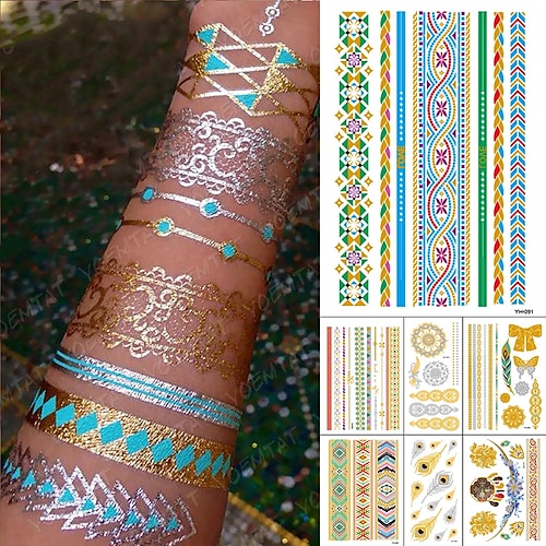 

7 pcs Waterproof Temporary Tattoo Sticker Metal Gold Silver Blue Mandala Bracelet Jewelry Flash Tatto Women Henna Body Art Fake Tatoo