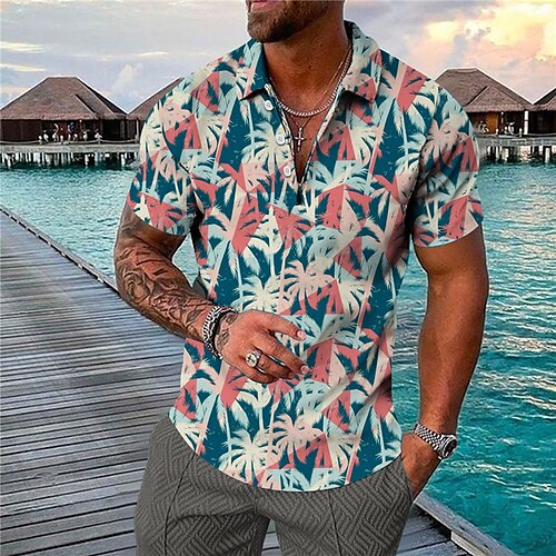 

Men's Collar Polo Shirt Golf Shirt Coconut Tree Turndown Blue 3D Print Outdoor Street Short Sleeves Button-Down Print Clothing Apparel Fashion Designer Casual Breathable / Summer / Spring / Summer