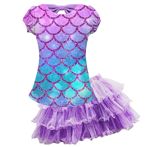 

Kids Girls' T-shirt & Skirt SkirtSet Clothing Set 2 Pieces Short Sleeve Purple Mermaid Mesh Bow Print Street Indoor Vacation Active Casual Fashion Daily Mini 3-10 Years