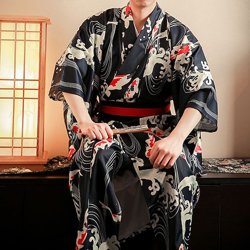 

Adults Men's Japanese Traditional Yukata Robe Kimono For Party Polyester Masquerade Kimono Coat Waist Belt