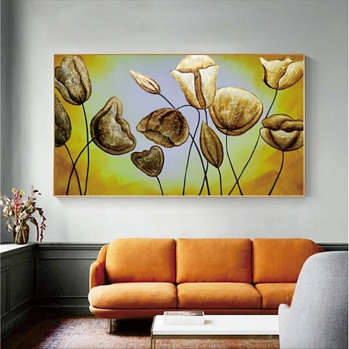 

Handmade Hand Painted Oil Painting Wall Art Abstract Navy Gold Flower Oil Painting Home Decoration Decor Rolled Canvas No Frame Unstretched