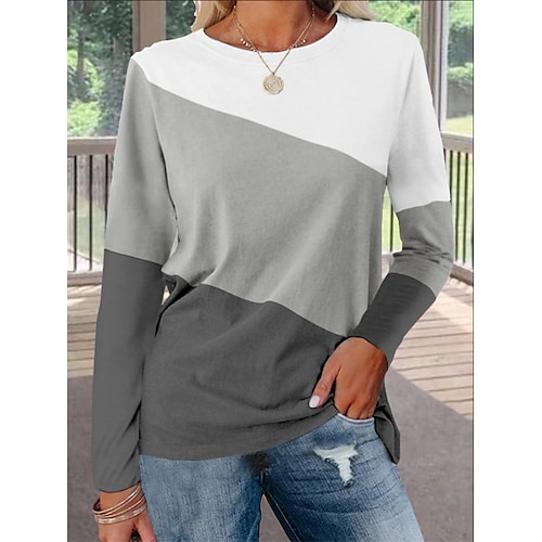 

Mulheres Camiseta Cinzento Bloco de cor Patchwork Imprimir Manga Longa Casual Diário Básico Decote Redondo Padrão S