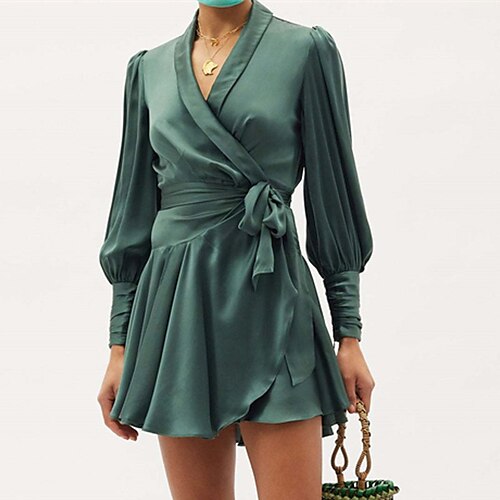 

Women's A Line Dress Short Mini Dress Light Pink Green Pink Dark Blue Long Sleeve Solid Color Lace up Ruffle Spring Summer V Neck Stylish Elegant 2022 S M L XL XXL