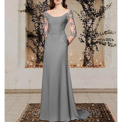 

Sheath / Column Mother of the Bride Dress Elegant Jewel Neck Sweep / Brush Train Chiffon Lace Half Sleeve with Appliques 2022