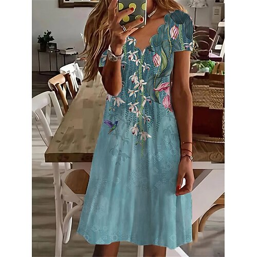 

Women's Shift Dress Knee Length Dress Green Blue Purple Short Sleeve Floral Print Spring Summer V Neck Casual Vacation 2022 S M L XL XXL 3XL